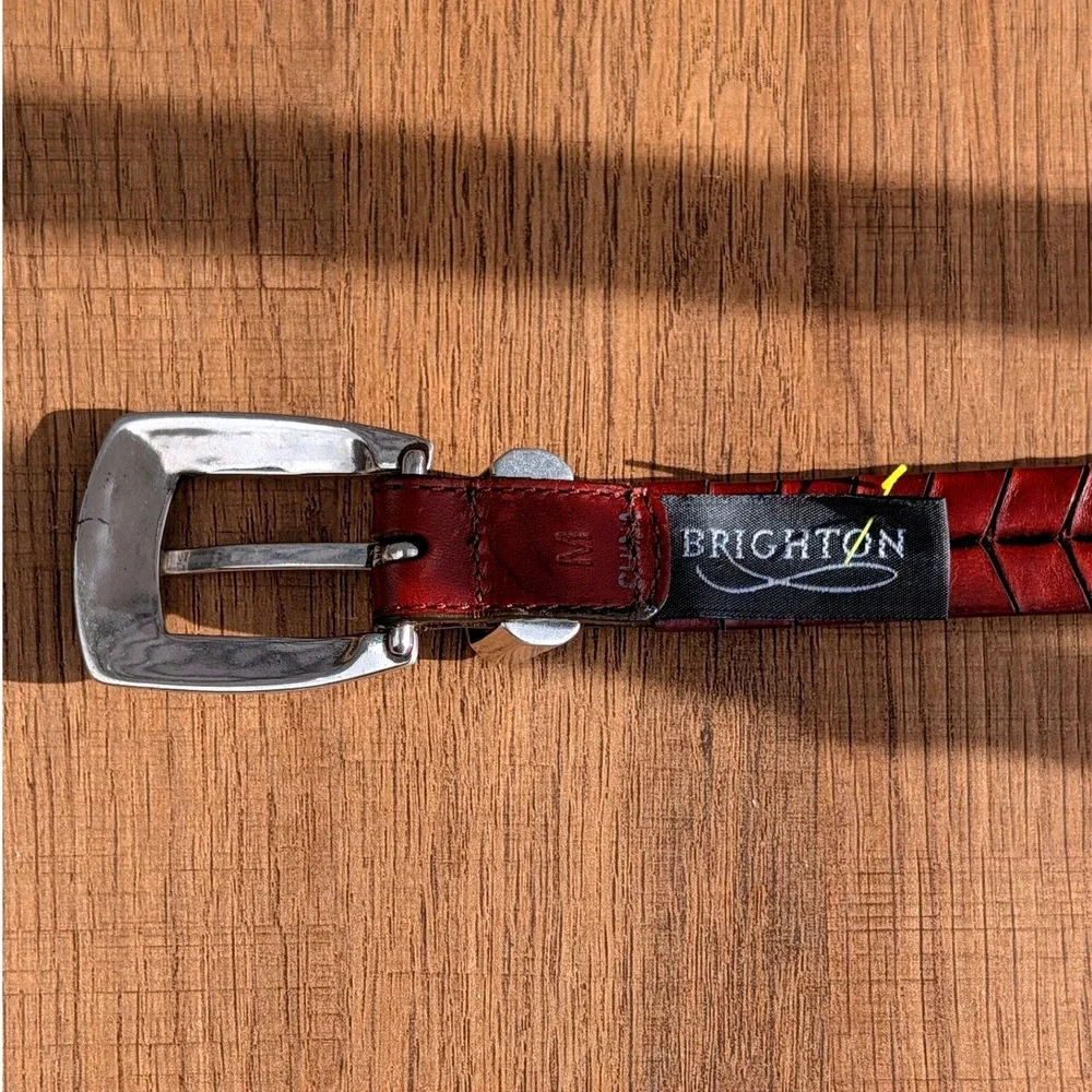 Brighton Red Brown Braided Leather Belt Silver Conchos Engraved Buckle 33